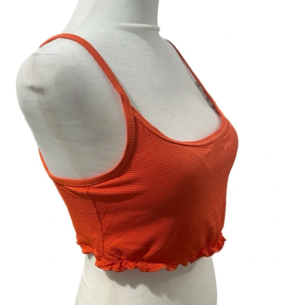 New Aerie Women’s Swimsuit Top Ribbed Lettuce Hem Size M Longline Bikini Orange